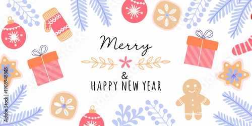 Festive christmas and new year illustration with ornaments and holiday treats
