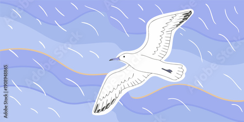 A white seagull soars through a blue sky with wavy lines