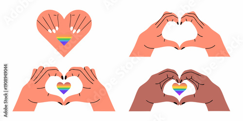 Hands forming heart shapes with rainbow colors representing love and inclusivity