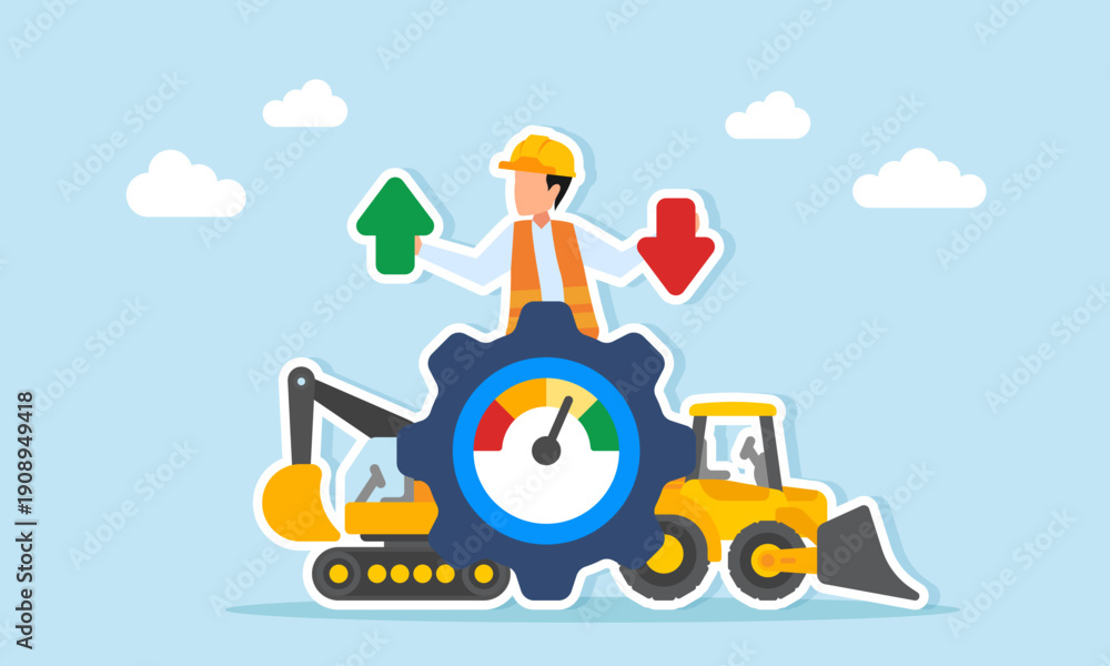 Naklejka premium Engineer holding up and down arrows emerging from gear with level meter near heavy equipment illustration of project team performance fluctuation