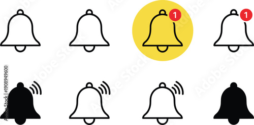 Notification Bell Icon Set with Alert Badge Ringing Sound and App Reminder Symbols Collection