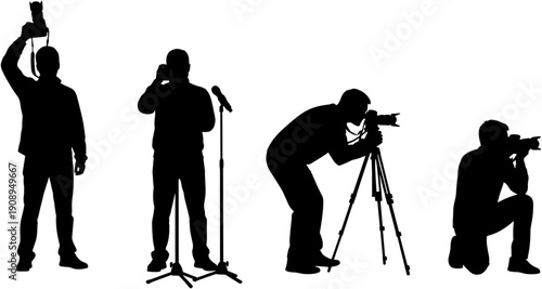 Photographer and journalist silhouette set with camera and microphone, press media reporter in various poses and photography equipment vector illustration.