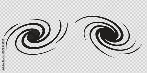 Illustration of two black swirling vortex shapes on transparent background with motion effect