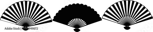 Set of traditional folding hand fan silhouettes with striped and solid patterns for summer fashion and cultural design.