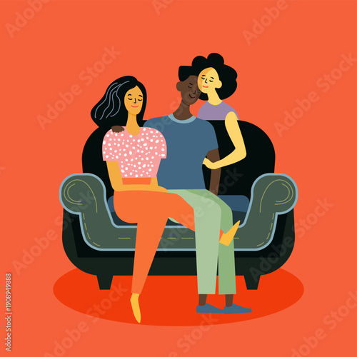 Three people in love, in a polyamorous relationship relaxing together on a sofa in a living room at home, enjoying quality time and a modern LGBTQ+ lifestyle in a cozy and happy apartment