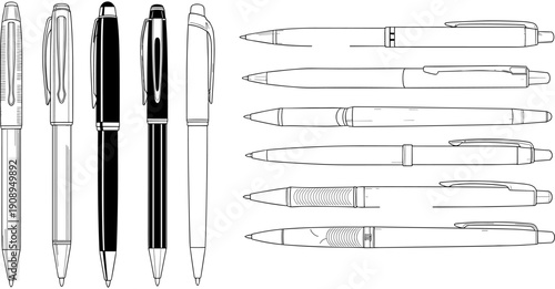 Set of professional ballpoint pens in various styles, including standing and horizontal positions for office and business stationery.