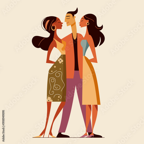 Three people in a loving polyamorous relationship, one man and two women, flirting and embracing unity and happiness together, isolated on a white background for modern LGBTQ+ love and marriage