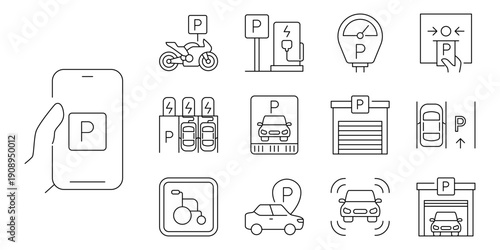 Collection of parking and transportation related icons smart parking, electric vehicle charging, motorcycle parking, disabled parking, car garage, automated parking