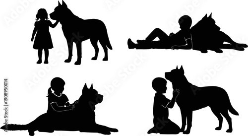 Set of silhouettes featuring young children playing with and petting large dogs, showcasing friendship and bond with pets.
