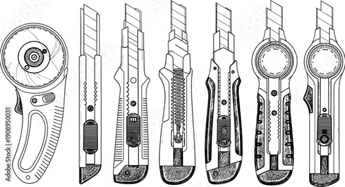 Professional utility knife and rotary cutter set featuring various retractable box cutters and industrial cutting tools for craft and DIY.