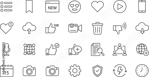 Social Media and User Interface Line Icon Set with Like Share Notification Camera Symbols Collection