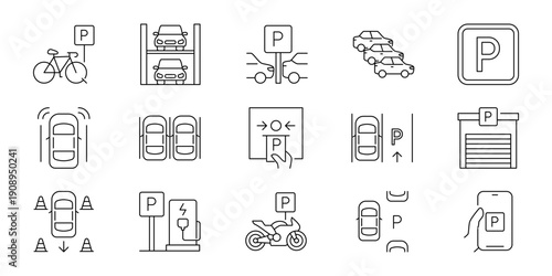 Smart Parking and Urban Mobility Line Icons Automated Systems, Electric Charging, and Modern Transportation Technology