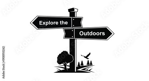 Directional signpost with text and landscape black silhouette