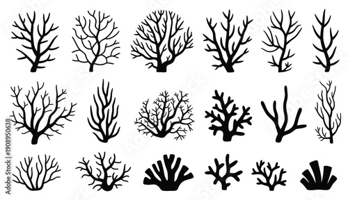 Coral silhouettes set, underwater reef shapes with branching and sea plant forms, marine nature symbols, ocean wildlife elements, simple black vector illustration isolated on background.
