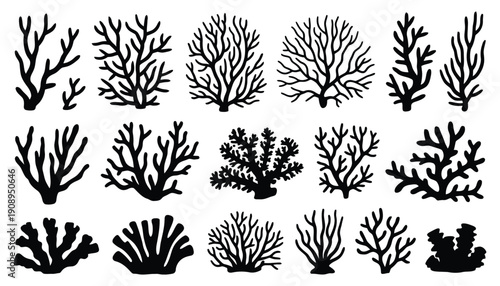 Coral silhouettes collection, tropical reef corals and sea flora outlines, aquatic ecosystem graphics, scuba diving and marine life theme icons, minimal flat style, professional vector design.