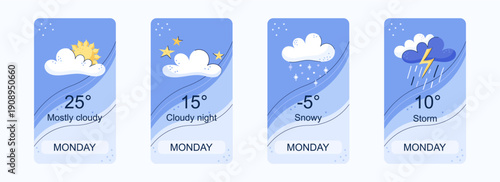 Mobile weather app interface design. Elements for weather forecast mobile app. Cloudy, snowy and Storm. Vector illustration. Temperature, weather condition user interface generator.