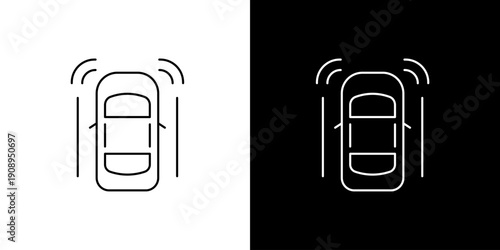 Top View Icon of a Car with Parking Assist Sensors, Vector Graphic on Black and White Background