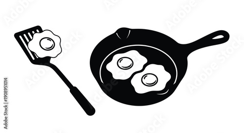 Black and white illustration of eggs and cooking tools silhouette