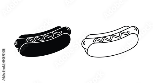 Two hot dog illustrations one filled and one outlined silhouette