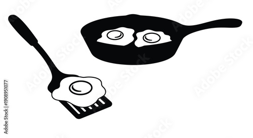 Frying pan and spatula with eggs a whimsical black silhouette
