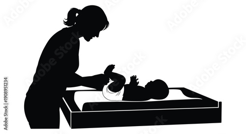 Mother changing a baby s diaper on a changing table silhouette
