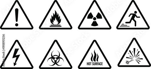 Flat vector illustration of safety hazard warning signs, flammable, radiation, biohazard, electrical, explosion, hot surface, slip danger icons