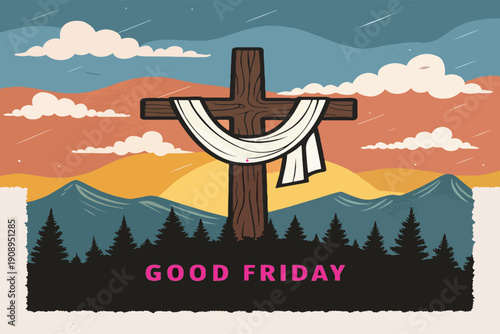 Religious poster illustration featuring wooden cross with draped fabric and bold Good Friday typography over scenic background.