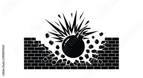Exploding bomb breaching a brick wall dramatic black silhouette