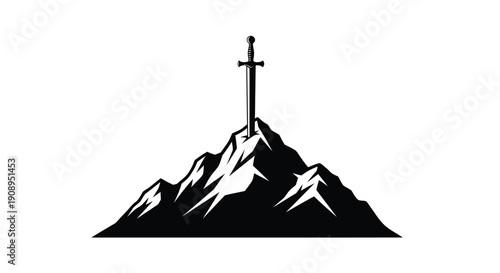 A dark mountain peak with a sword planted atop silhouette