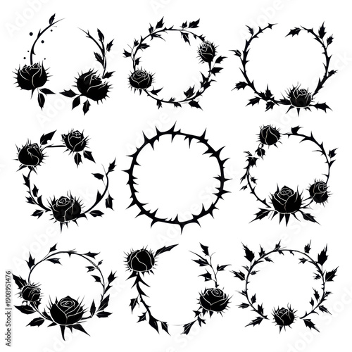 Set of 11 black floral thorn wreath frames and borders illustration isolated on Transparent Background