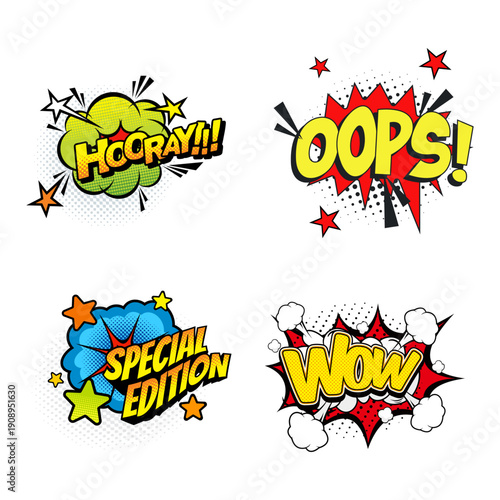 Vibrant comic book style speech bubbles with emotional expressions