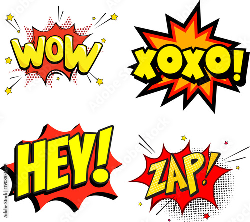Vibrant comic book style speech bubbles with WOW XOXO HEY ZAP