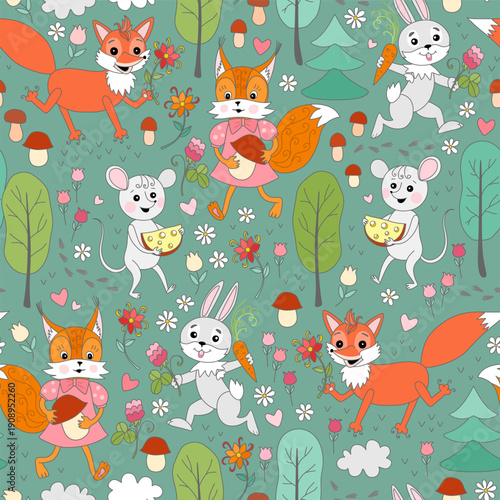 Forest seamless pattern with mice, squirrels, hares and foxes among trees, fl...