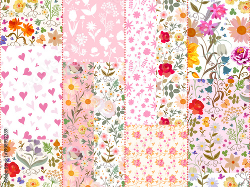 Patchwork seamless pattern from patches with flowers and hearts. Romantic vector design. Beautiful quilt. Print for fabric and textile.