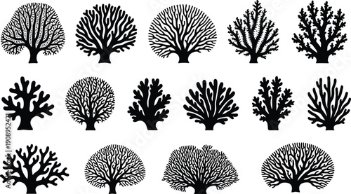 Black coral silhouette vector illustration collection with diverse branching patterns, creative marine artwork, decorative ocean nature design elements