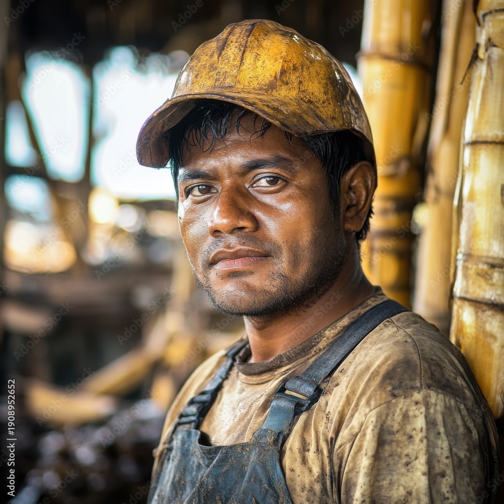 Obraz premium Sugarcane Mill Worker Portrait in Yellow Hard Hat