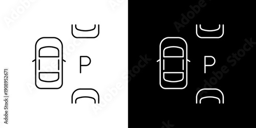 Parking lot icons with car and parking sign on white and black backgrounds