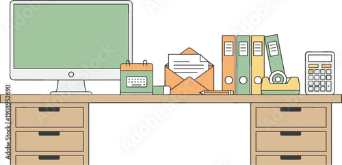 Office desk workspace illustration with computer files stationery calculator drawers organized business workplace flat vector design modern interior