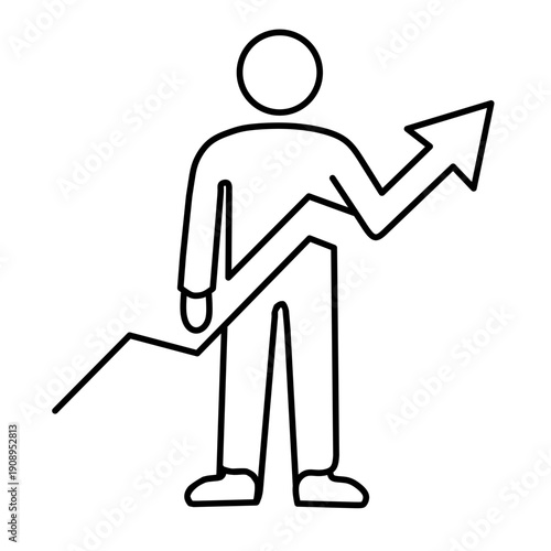 Minimalist line icon depicting a person holding an ascending line graph, symbolizing business growth, personal development, market progress, and successful trajectory