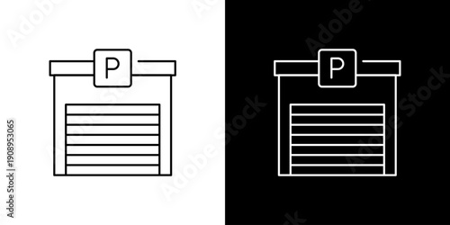 Simple black and white icon  illustration of a garage with a parking sign above it