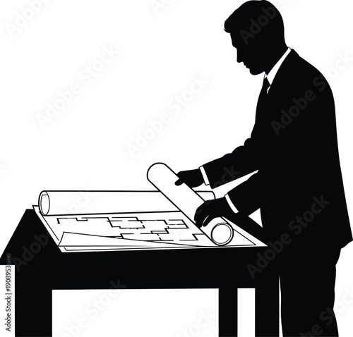 Man working on laptop at office desk with computer and chair vector illustration