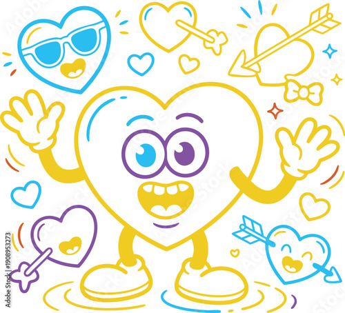 Cute heart character with sunglasses and arms up, surrounded by smaller hearts and arrows
