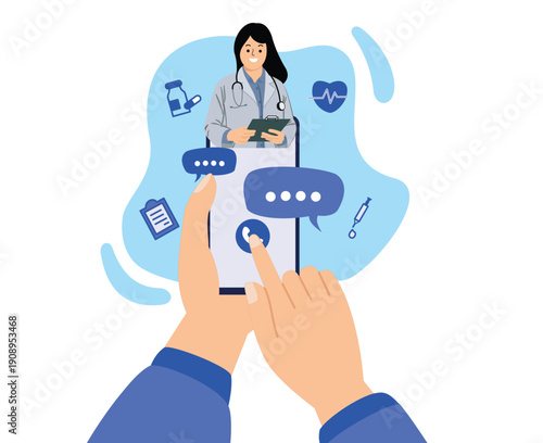 hand holding smartphone with video call on screen patient having online conversation with doctor. online doctor. online healthcare consultation