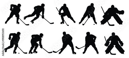 Hockey silhouettes set, players in action poses with sticks and puck, skating, shooting and passing movements, sport competition symbols, dynamic athlete shapes, clean black vector illustration