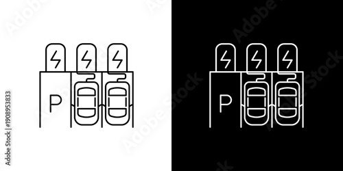 Electric Vehicle Charging Icon Stations with Parking Spaces and Power Symbol Icons