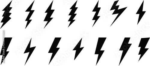 Set of black lightning bolt icons and thunder electric power symbols for energy charging and weather flash graphic designLightning, bolt, thunder, flash, electric, energy, power, storm, weather, charg