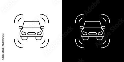 Car sensor icons, front view, showing detection waves, white on black and black on white backgrounds