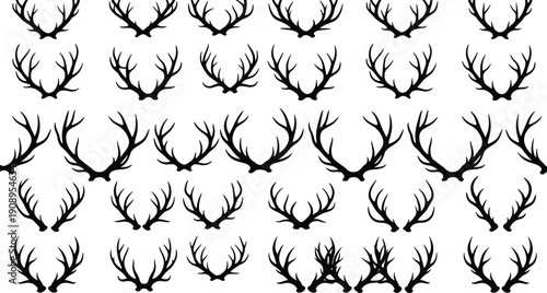 Set of deer antlers silhouettes, vintage hunting trophies collection, black horn vector illustrations, wild animal head decoration elements isolated on white background.