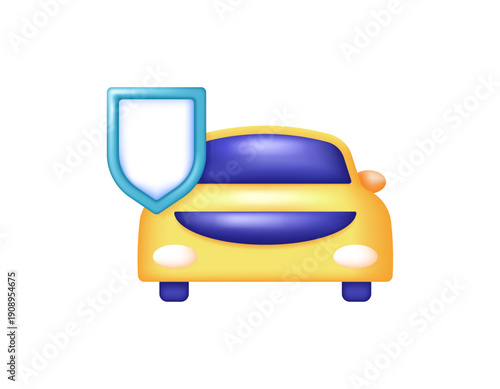 Car insurance or vehicle security concept. Vehicle protection and security from accident risks. Transportation support and services. 3D style illustration of a yellow car and shield. Icon, symbol