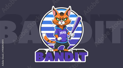 Vector cartoon serious brutal ginger cat bandit with baseball bat, in violet hoodie. Sticker, toon evil puss street mad. Danger feline predator. 3d emblem or logo